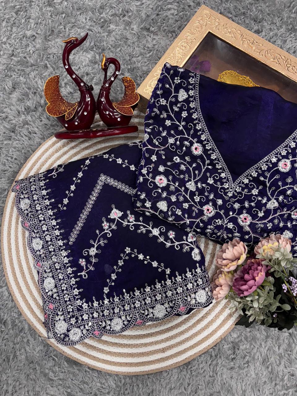Royal Blue Embroidered Blouse Piece with Intricate Mirror, Sequin & Floral Threadwork β Ready-to-Stitch Fabric for Sarees & Festive Ethnic Wear - Image 8